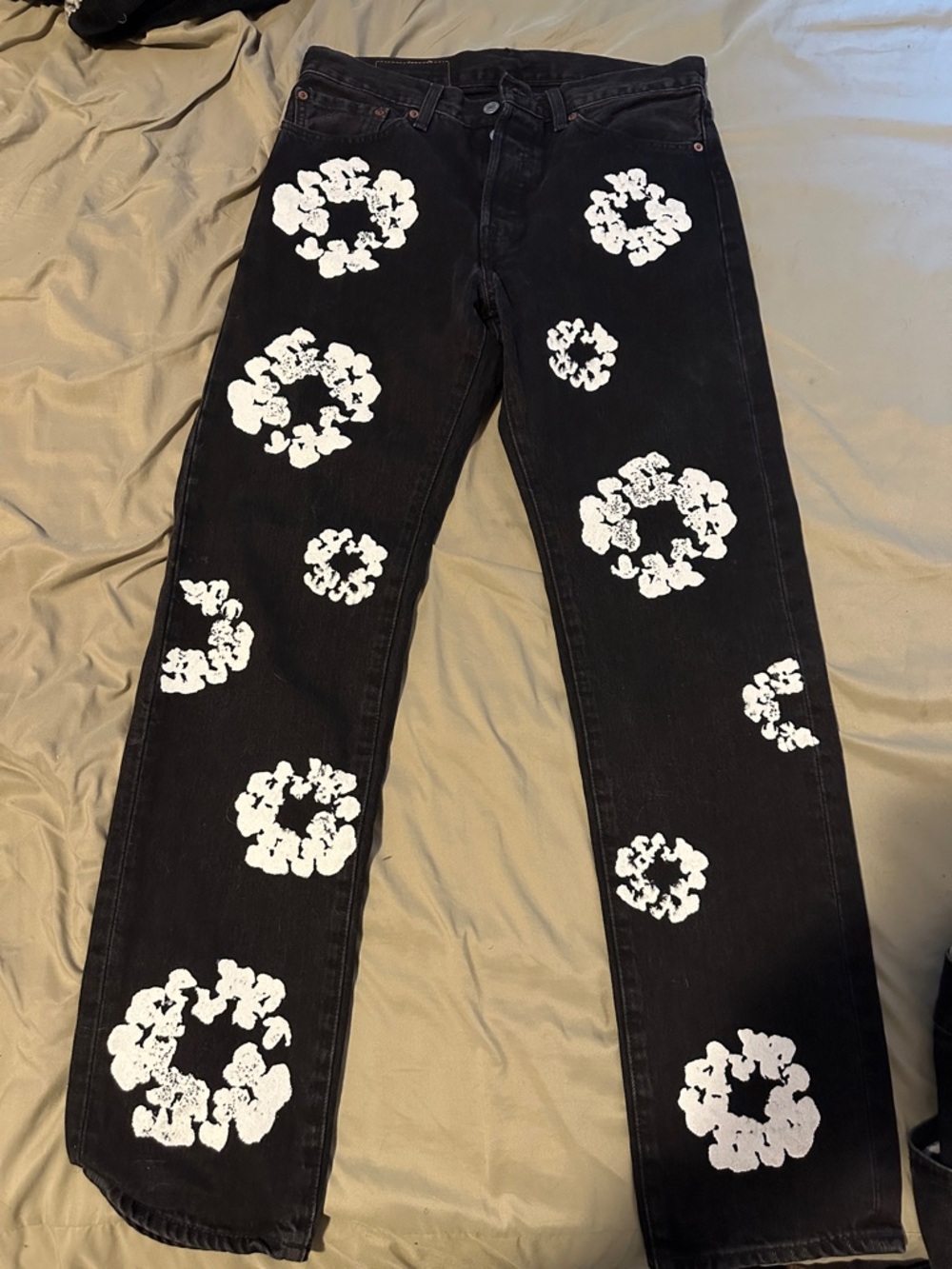Men's Black Straight Jeans with White Floral Print